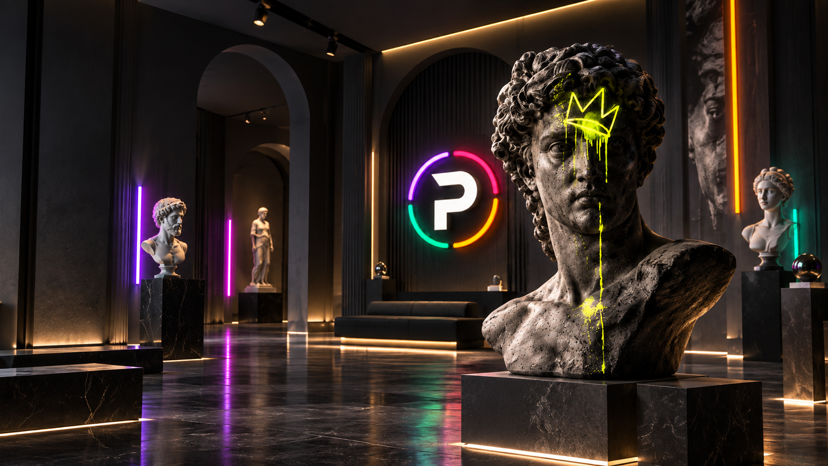 PCS visual world with elegant neon museum atmosphere